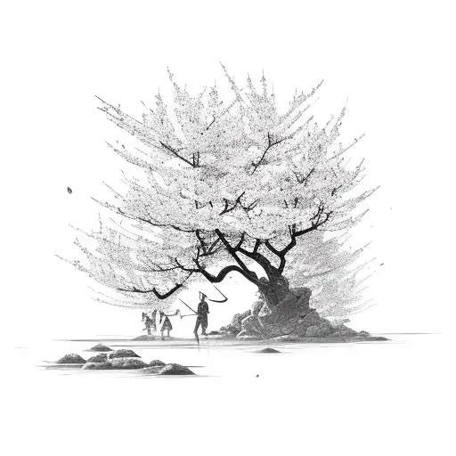 sword and cherry blossom tree tattoo design idea