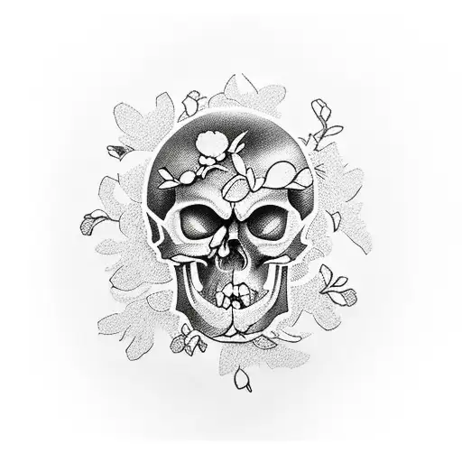 Realistic Manga strip with skull and Sakura petals flying by tattoo design idea