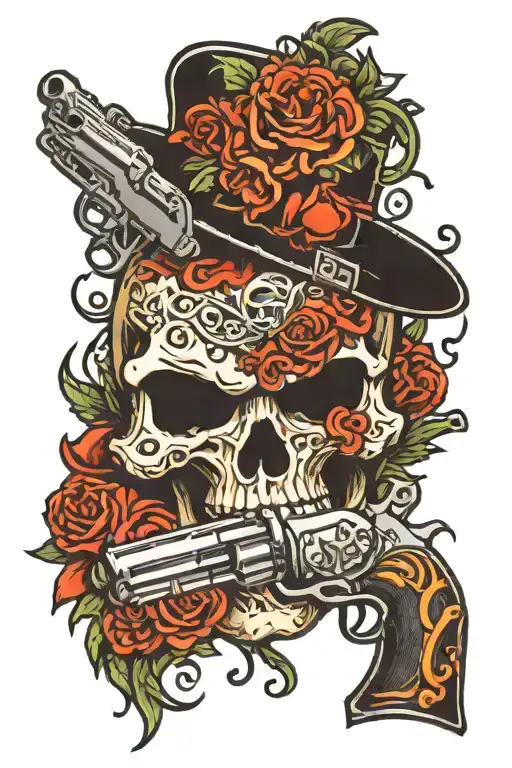 skull Harley logo gun intertwined tattoo design idea
