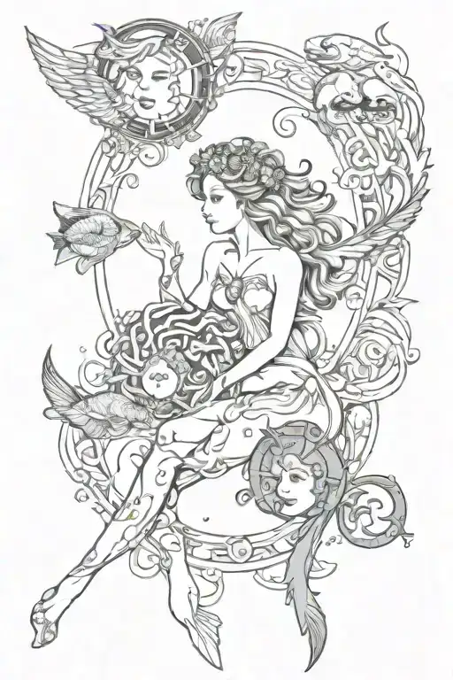 combination of cancer, pisces, leo and libra zodiac sign tattoo design idea