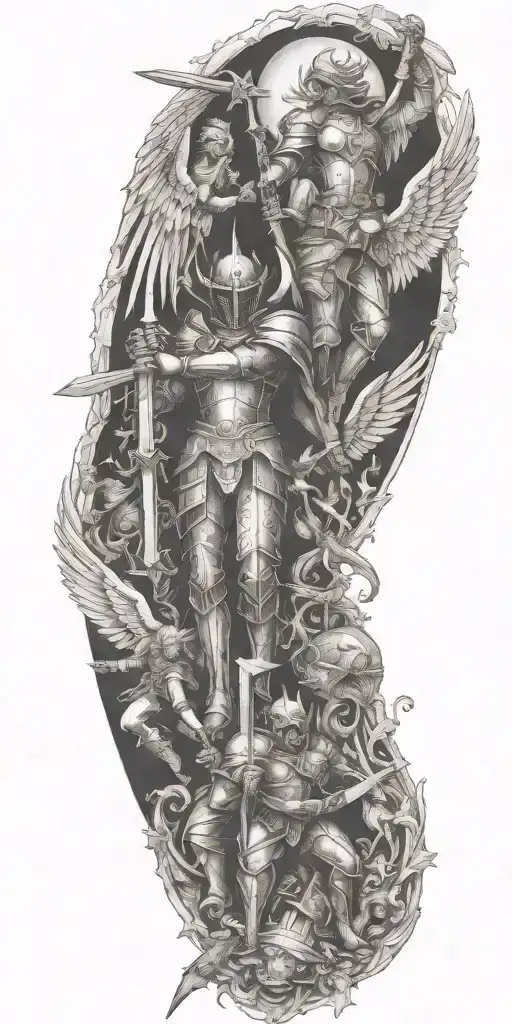angels in armor fighting devil sunshine cross tattoo design idea