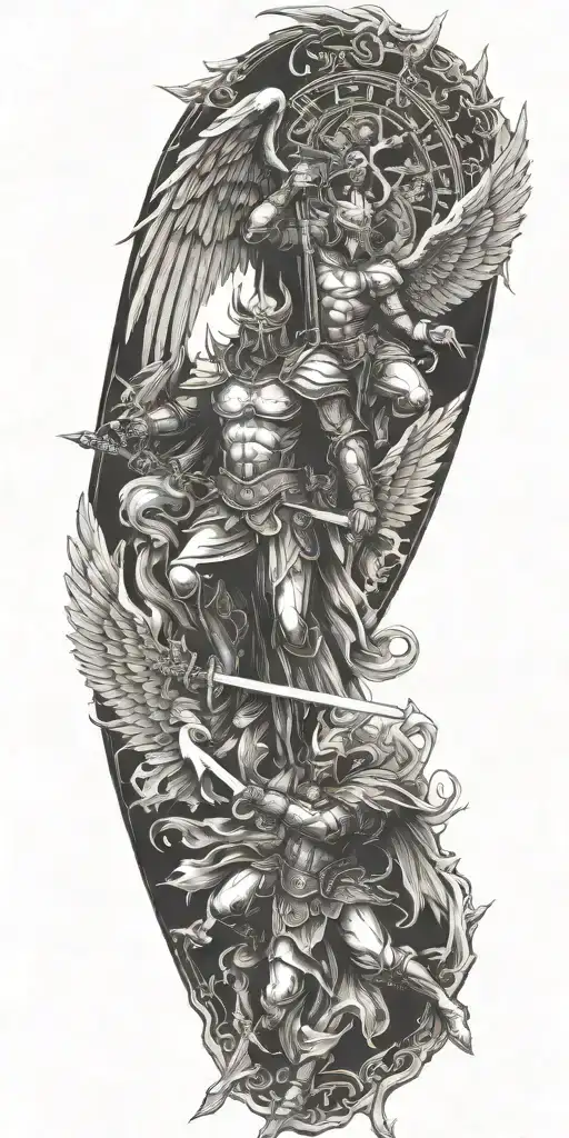 angels in armor fighting devil sunshine cross tattoo design idea