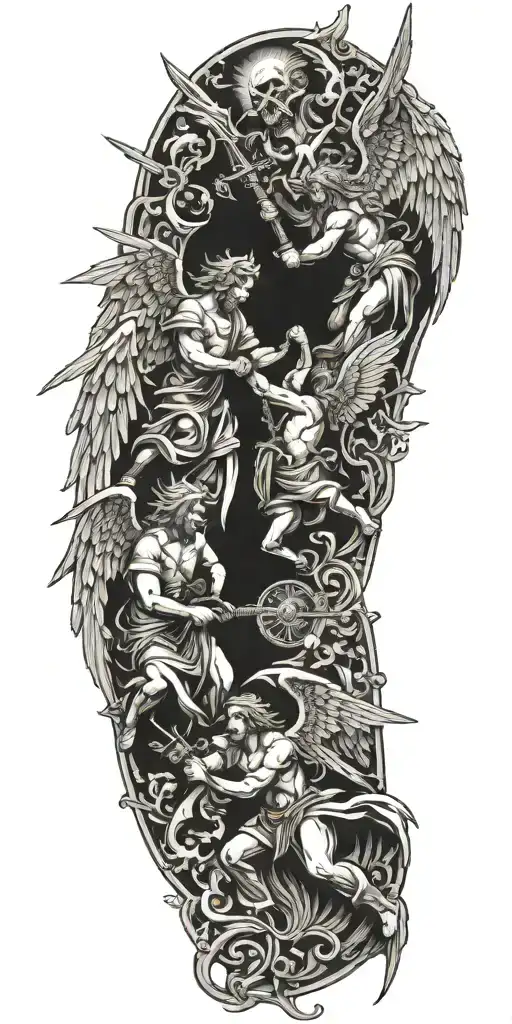 angels fighting devil sunshine cross tattoo design idea