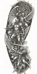 angels in armor fighting devil sunshine cross tattoo design idea