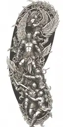 angels in armor fighting devil sunshine cross tattoo design idea