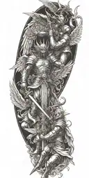 angels in armor fighting devil sunshine cross tattoo design idea