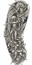 angels in armor fighting devil sunshine cross tattoo design idea