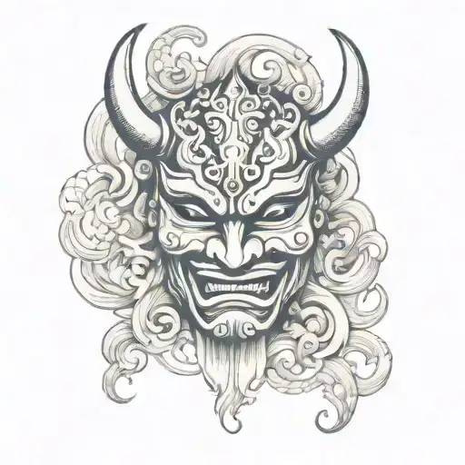 mascara de oni mask surrounded by swirling smoke tattoo design idea