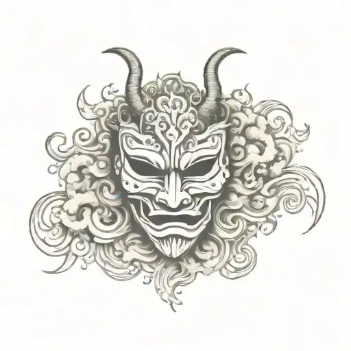 mascara de oni mask surrounded by swirling smoke forming the shape tattoo design idea