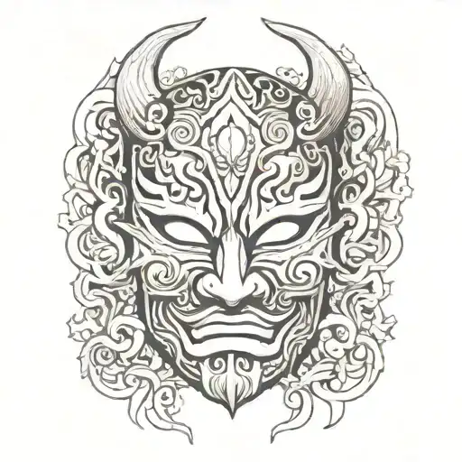 mascara de oni mask surrounded by swirling tattoo design idea