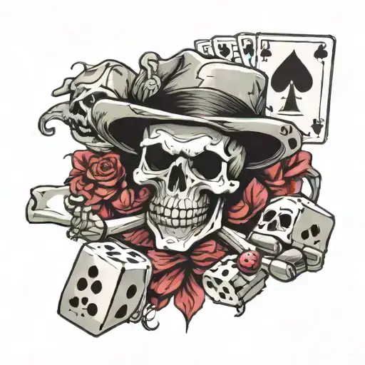 a 3 skulled jolly roger including poker cards ( 4 aces) and 3 dice that show the number 6 tattoo design idea