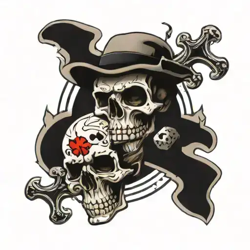 3 skulls jolly roger including poker cards  4 aces and 3 dice that show the number 6 and bones behind it  tattoo design idea