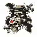 3 skulls jolly roger including poker cards  4 aces and 3 dice that show the number 6 and bones behind it  tattoo design idea
