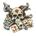 3 skulls jolly roger including poker cards  4 aces and 3 dice that show the number 6 tattoo design idea
