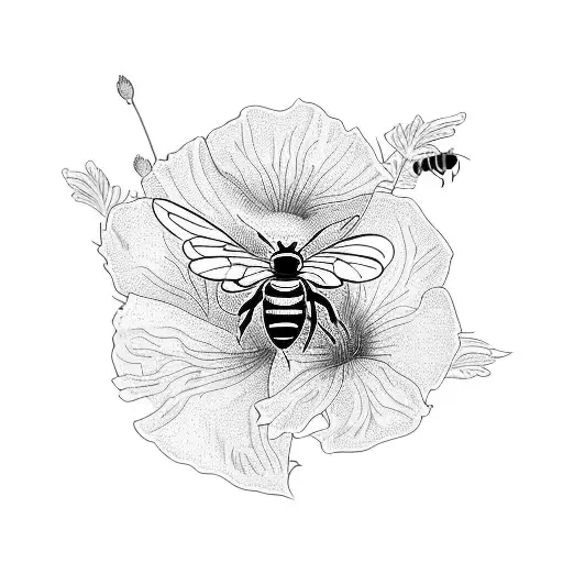 A realistic depiction of a honey bee gathering nectar from a blooming Florida hibiscus tattoo design idea