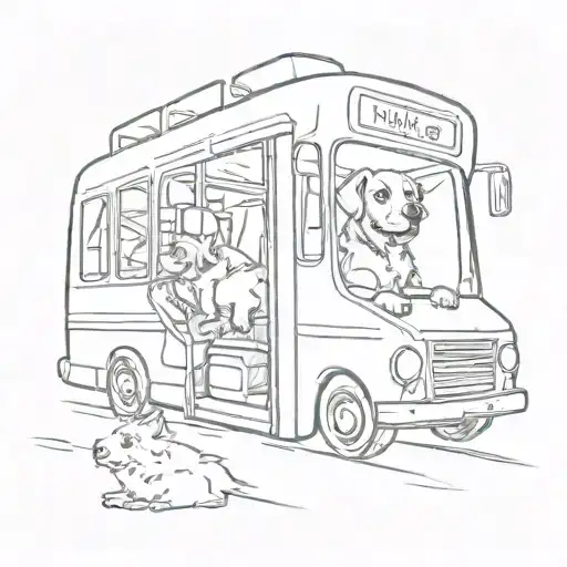 A sketch tattoo of your dog sitting inside a bus, symbolizing your favorite things and hobbies in a unique and creative way tattoo design idea