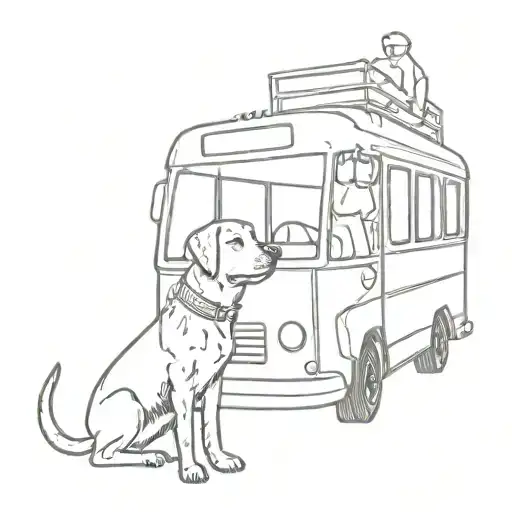 A sketch tattoo of your dog sitting inside a bus, symbolizing your favorite things and hobbies in a unique and creative way tattoo design idea