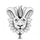 half lion half lamb with a cross in the middle and 3 crosses at the bottom tattoo design idea
