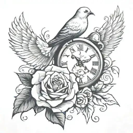 dove bird roses and clock showing 11:11 for upper aram tattoo design idea