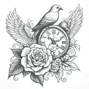 dove bird roses and clock showing 11:11 for upper aram tattoo design idea
