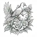 dove bird roses and clock showing 11:11 for upper aram tattoo design idea