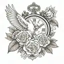 dove bird roses and clock showing 11:11 for upper aram tattoo design idea
