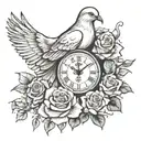 dove bird roses and clock showing 11:11 for upper aram tattoo design idea