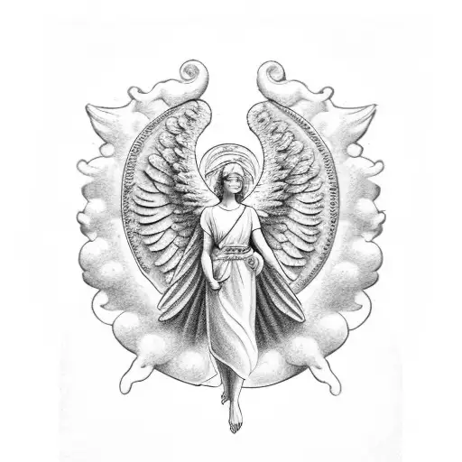 A celestial angel holding a family portrait in their hands tattoo design idea