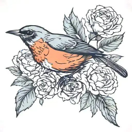 robin bird with carnation flowers tattoo design idea