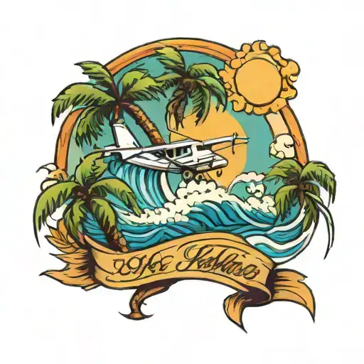 wave, palm tree, air plane tattoo design idea