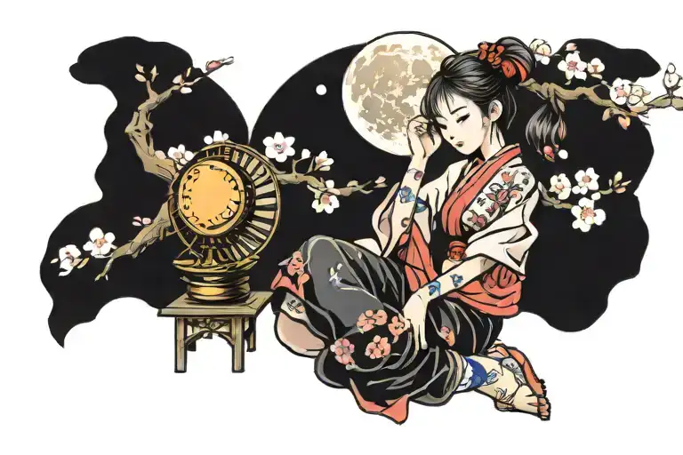 sakura tree and a girl sitting with a fan and the moon tattoo design idea