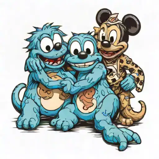 Cookie Monster, Stitch and Mickey Mouse in a hug each other tattoo design idea