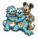 Cookie Monster, Stitch and Mickey Mouse in a hug each other tattoo design idea