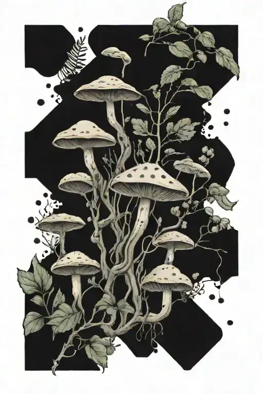 dopamine molecule with forest plants and foliage, mushrooms  tattoo design idea