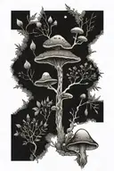 dopamine molecule with forest plants and foliage, mushrooms  tattoo design idea