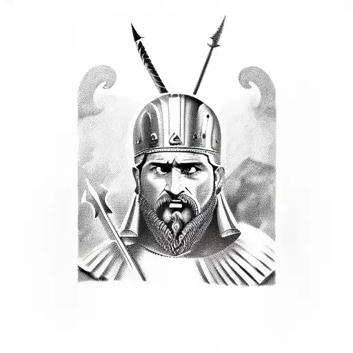 king leonidas of Sparta shoulder to bicep tattoo focusing on helmet and spear  tattoo design idea