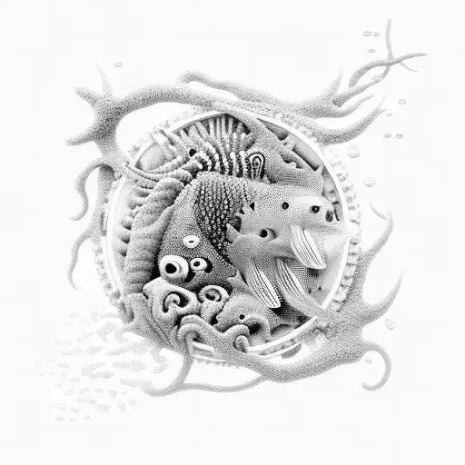 A cabinet maker's toolbox filled with underwater creatures from freediving tattoo design idea