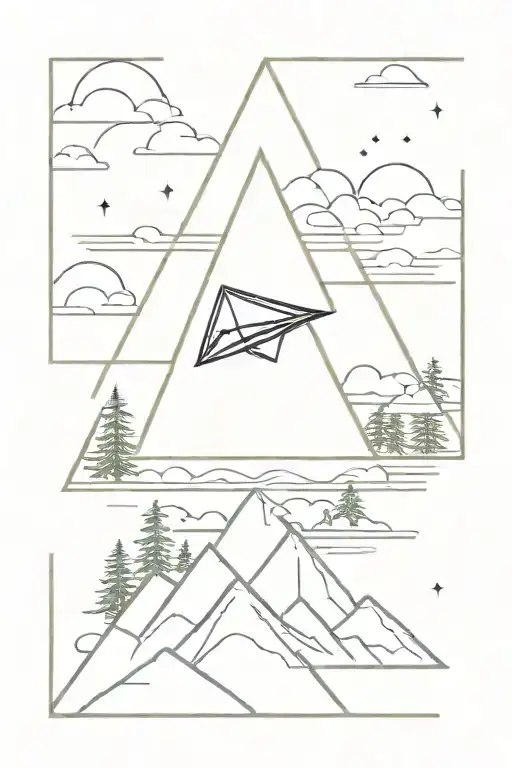 paper airplane in a triangle, in a triangle against the background of a mountain forest sea, in the style of headlights edge 3 tattoo design idea