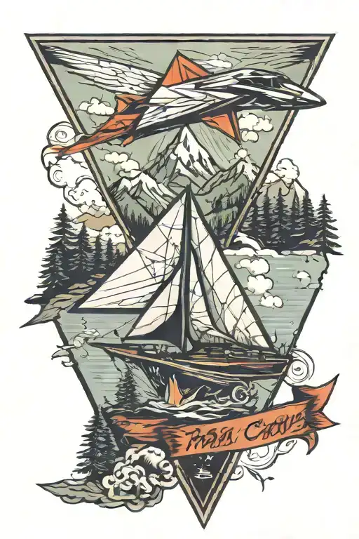 paper airplane in a triangle, in a triangle against the backdrop of a mountain, forest, sea, in the style of Far Cry 3 tattoo design idea