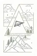 paper airplane in a triangle, in a triangle against the background of a mountain forest sea, in the style of headlights edge 3 tattoo design idea