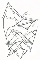 paper airplane in a triangle, in a triangle against the background of a mountain forest sea, in the style of headlights edge 3 tattoo design idea
