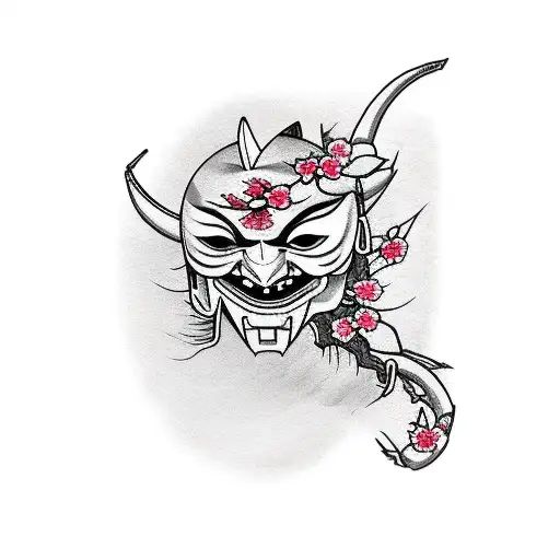 phoenix, cherry blossom, katana, oni mask tattoo design idea