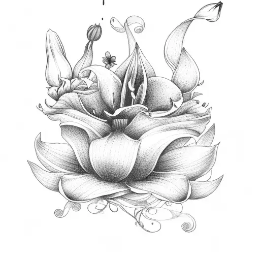 fine line bouquet with a Lily, a sunflower, a bluebell, a rose and an orchid  tattoo design idea