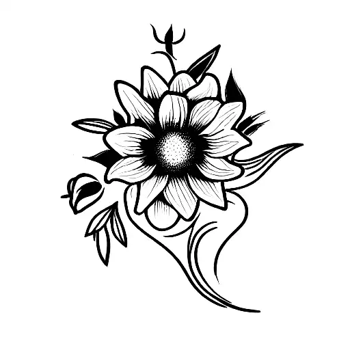 bouquet with a Lily, a sunflower, a bluebell, a rose and an orchid  tattoo design idea