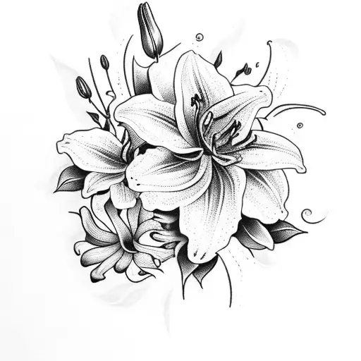bouquet with lilies, sunflowers, bluebells, orchids and roses tattoo design idea
