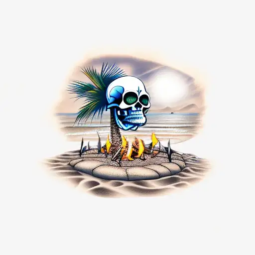 Campfire on a beach with a palm tree and out of the smoke of the fire is an native american tribal skull tattoo design idea