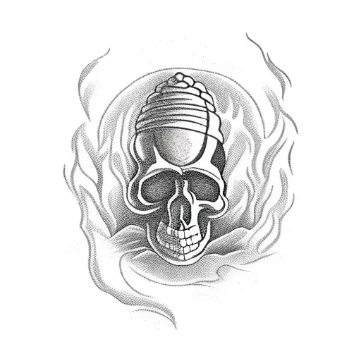 Campfire on a beach with a palm tree and out of the smoke of the fire is an Indian tribal skull tattoo design idea