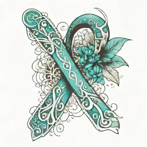A bold tattoo design featuring a cervical cancer awareness ribbon in teal, entwined with a fierce and detailed Japanese  tattoo design idea