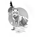A lone wolf standing on a cliff, howling at the moon tattoo design idea
