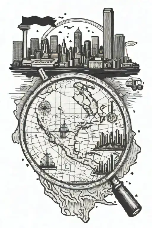 map of North America with a picture of the dallas skyline a stamp of frisco texas and a magnifying glass of texas tattoo design idea